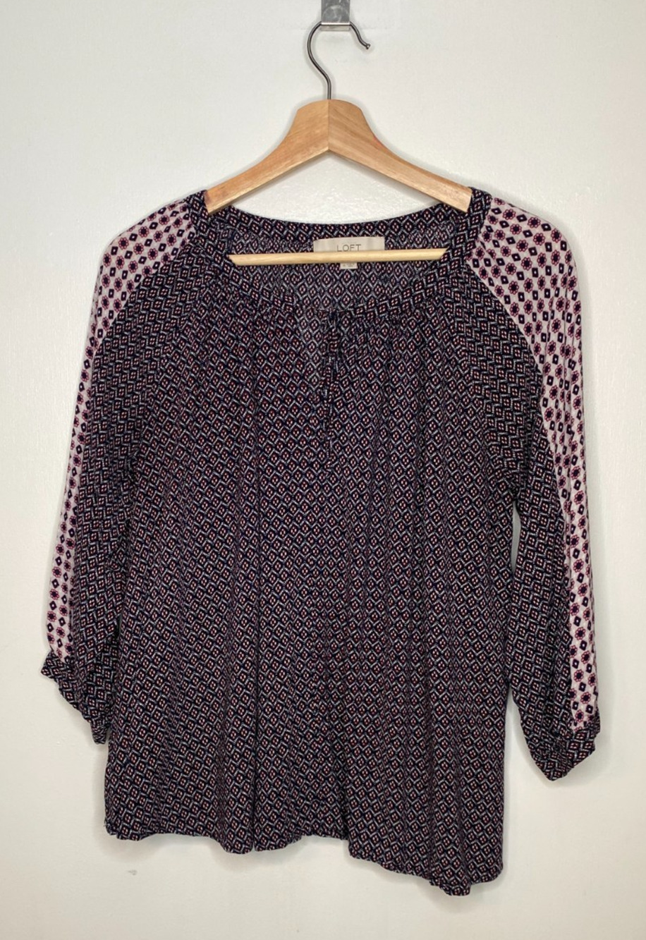 LOFT Multicolor Boho Top Women's Tie Neck 3/4 Sleeve Size M